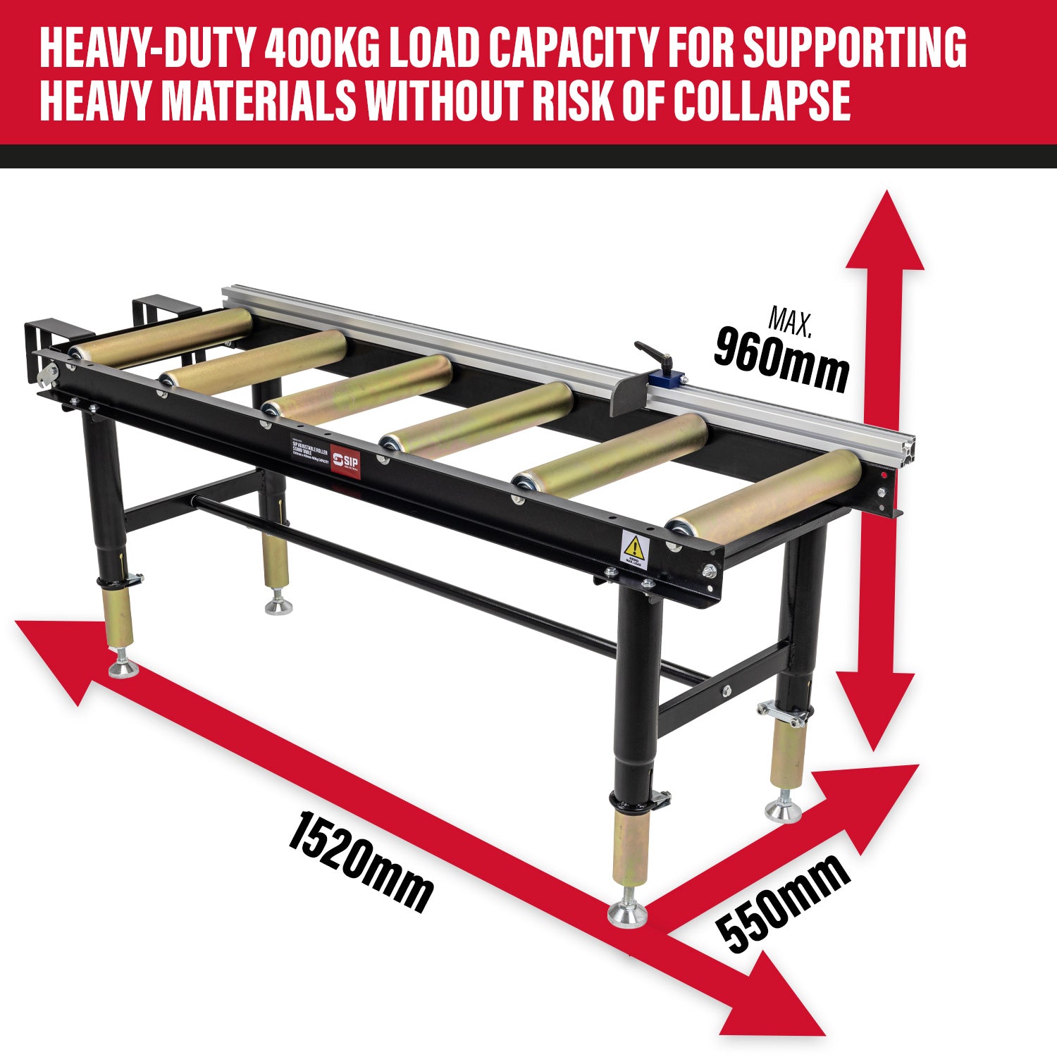 SIP Adjustable Roller Stand Table 1500mm x 400mm 400kg