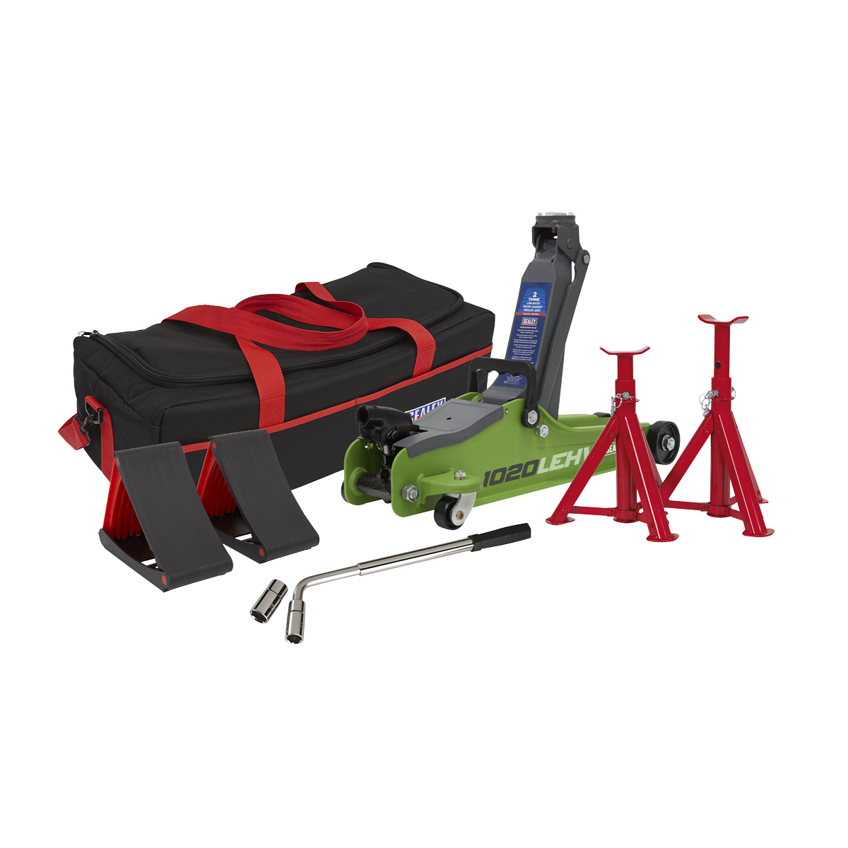 Sealey 1020LEHVBAGCOMBO Trolley Jack 2tonne Low Entry Short Chassis & Accessories Bag Combo - Hi-Vis Green