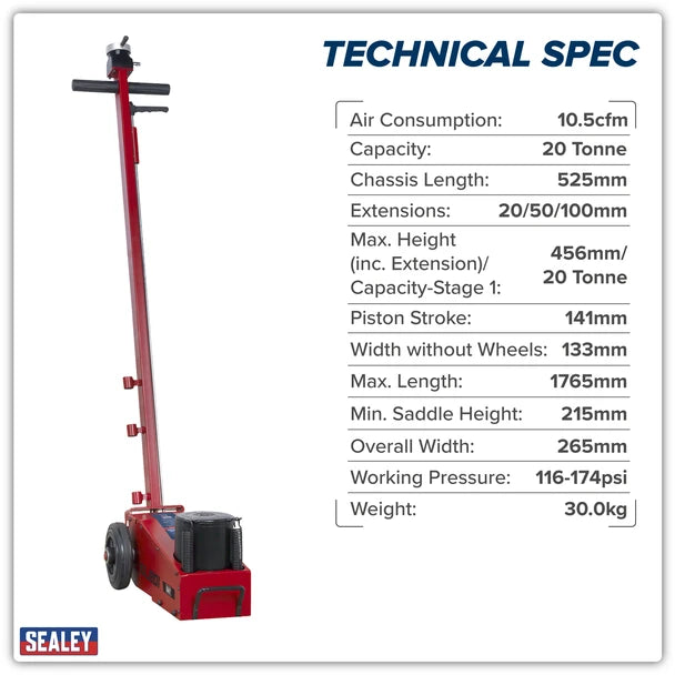 Sealey YAJ201 Air Operated Jack 20tonne - Single Stage
