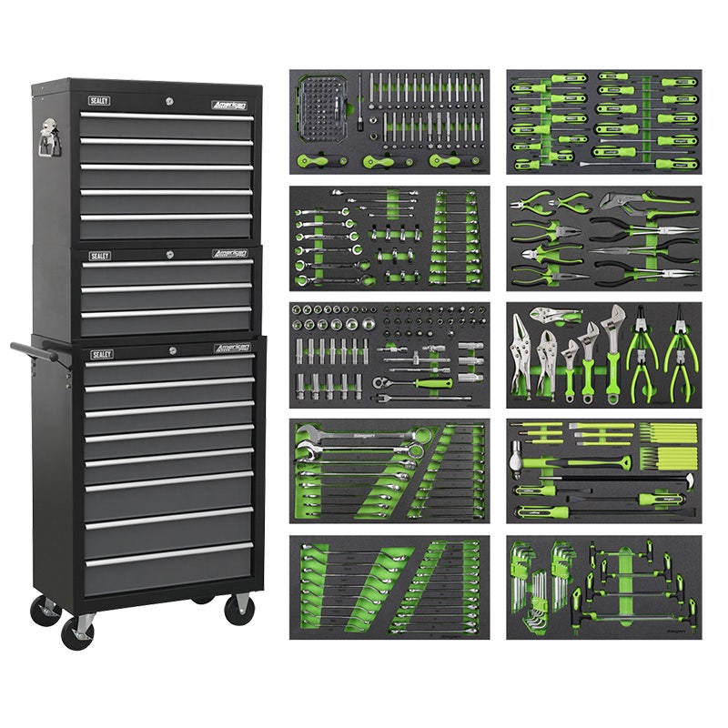 Sealey AP35TBCOMBO Tool Chest Combination 16 Drawer with Ball-Bearing Slides - Black/Grey & 398pc Tool Kit