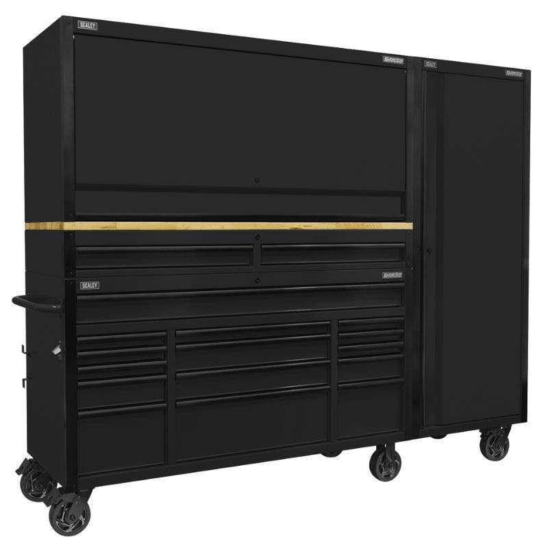 Sealey AP6215BECOMBO2 Superline PRO® Black Edition Mobile Trolley with Wooden Worktop 15 Drawer, Hutch, 2 Drawer Riser & Side Locker 1549mm
