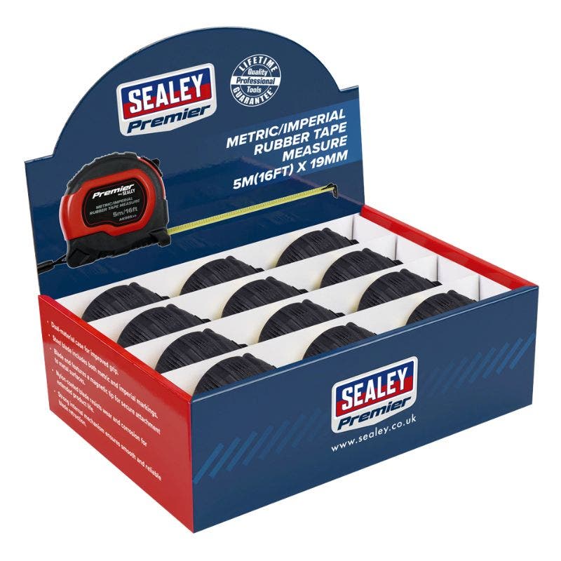 Sealey AK98912 Rubber Tape Measure 5m(16ft) x 19mm Metric/Imperial Display Box of 12