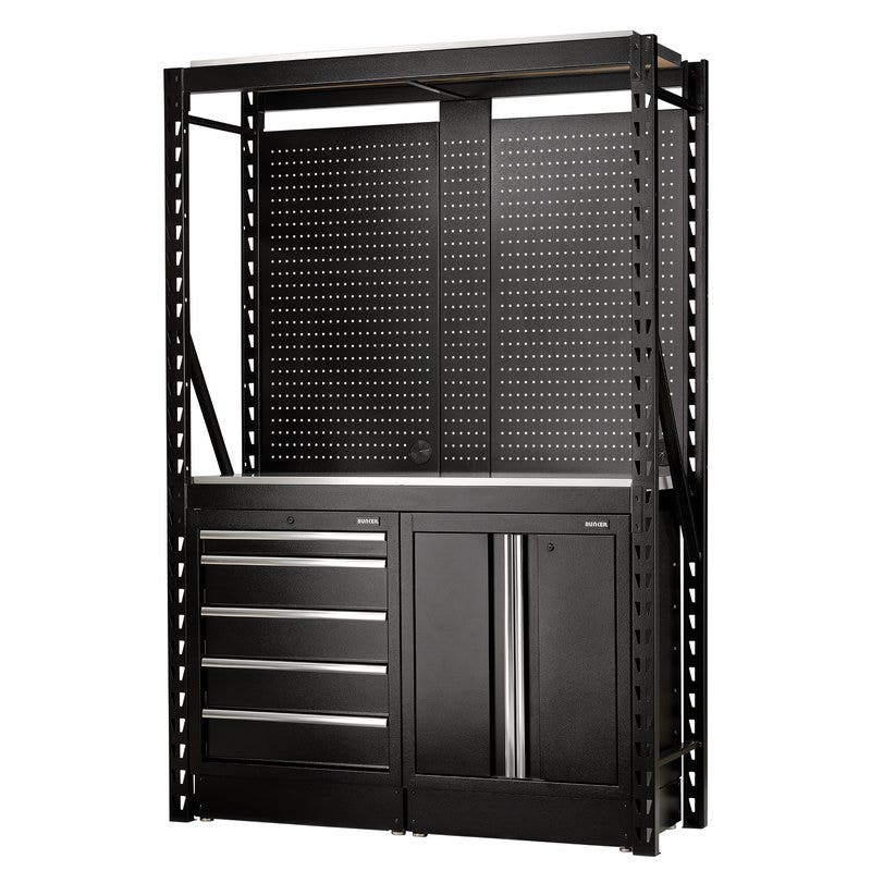 BUNKER 27972 15 Piece Modular Storage Combo 2 Tier Racking with Stainless Steel Shelving, Pegboards and Floor Cabinets, 1500mm