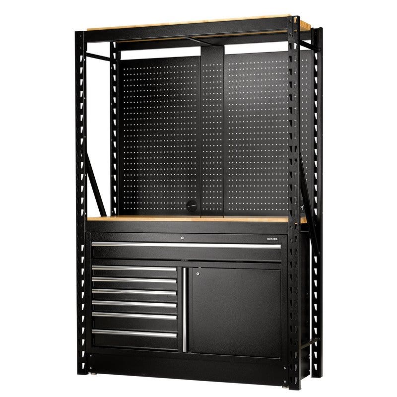 BUNKER 28005 14 Piece Modular Storage Combo 2 Tier Racking with Hardwood Shelving, Pegboards and Floor Cabinet, 1500mm