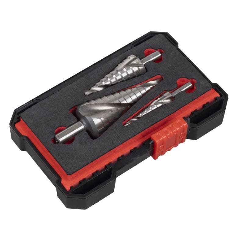 Sealey AK4749 HSS 4341 Step Drill Bit Set 3pc Spiral Flute