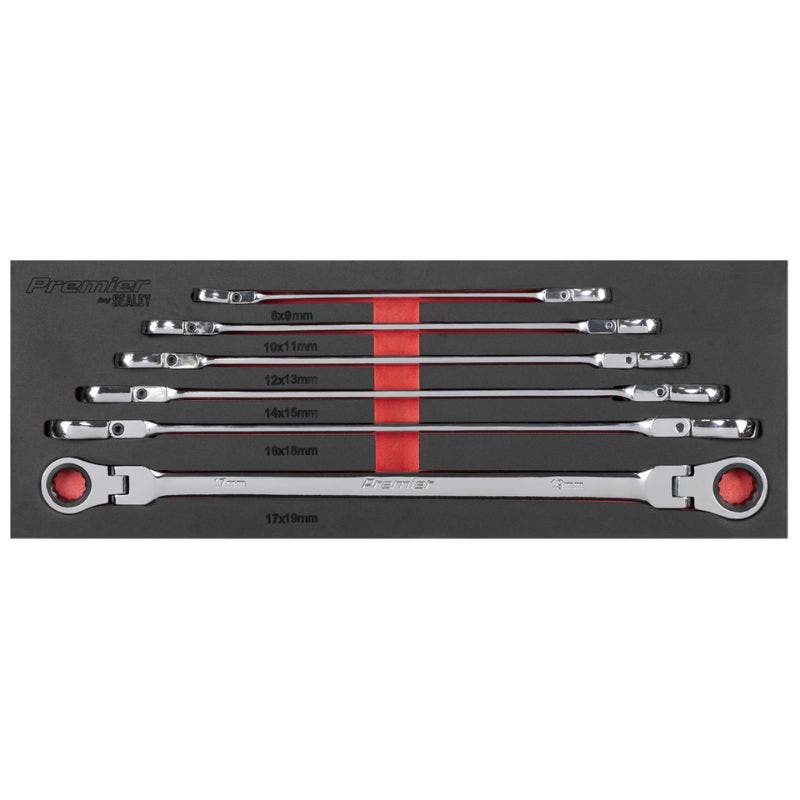 Sealey AK63832 Flexi-Head Double End Ratchet Ring Spanner Set 6pc Extra-Long Metric