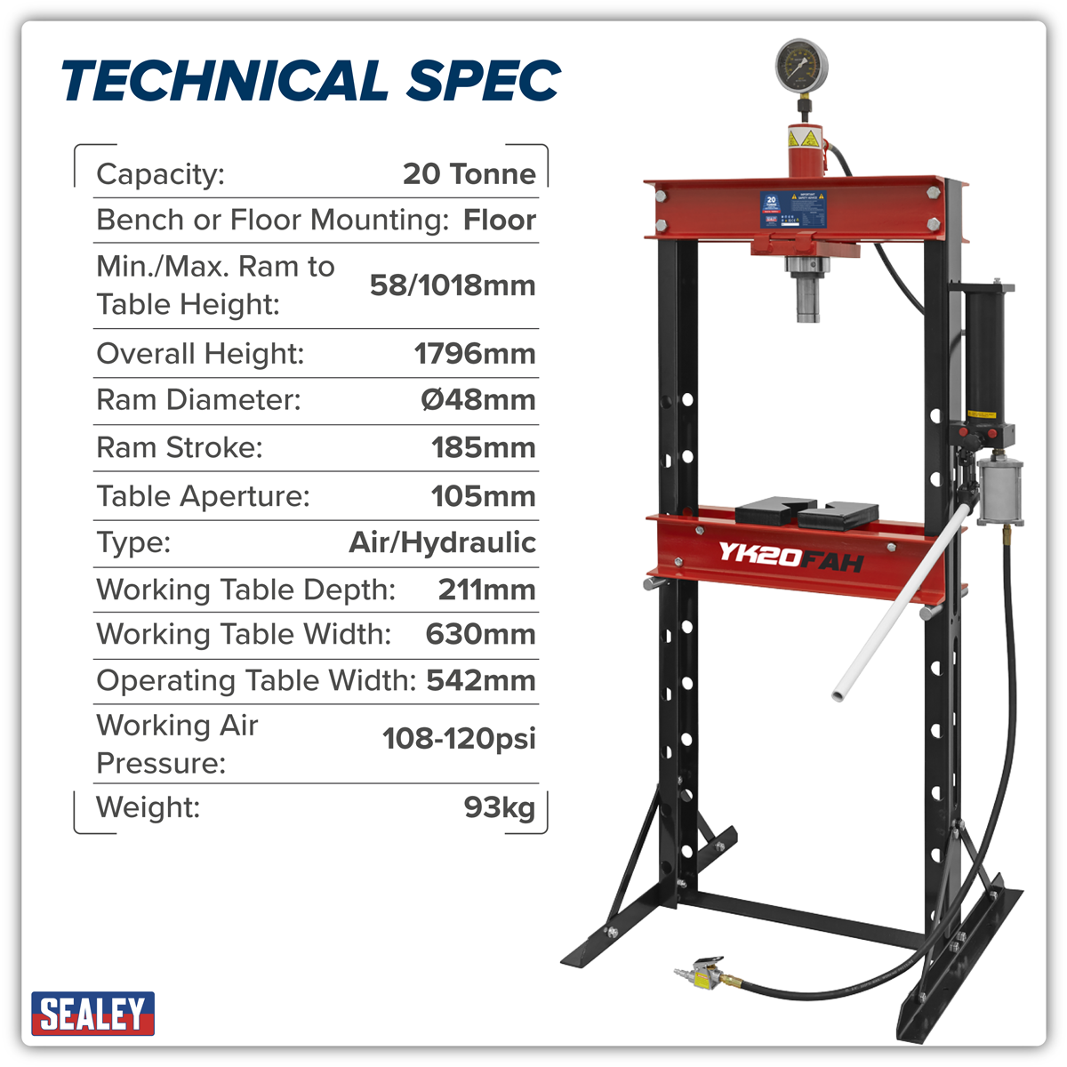 Sealey Air/Hydraulic Press 20 Tonne Floor Type