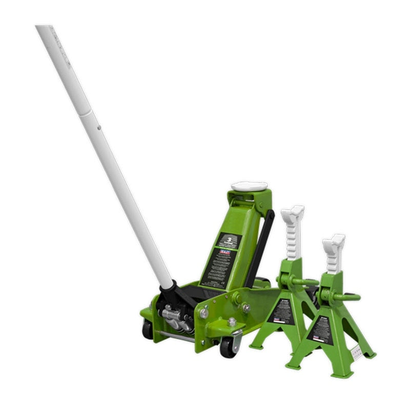 Sealey 3015CXHV Trolley Jack with Super Rocket Lift 3 Tonne & Axle Stands (Pair) 3 Tonne Capacity per Stand - Green