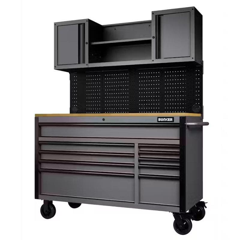 BUNKER 31761 10 Drawer Roller Workstation with Workbench, 56", Light Grey