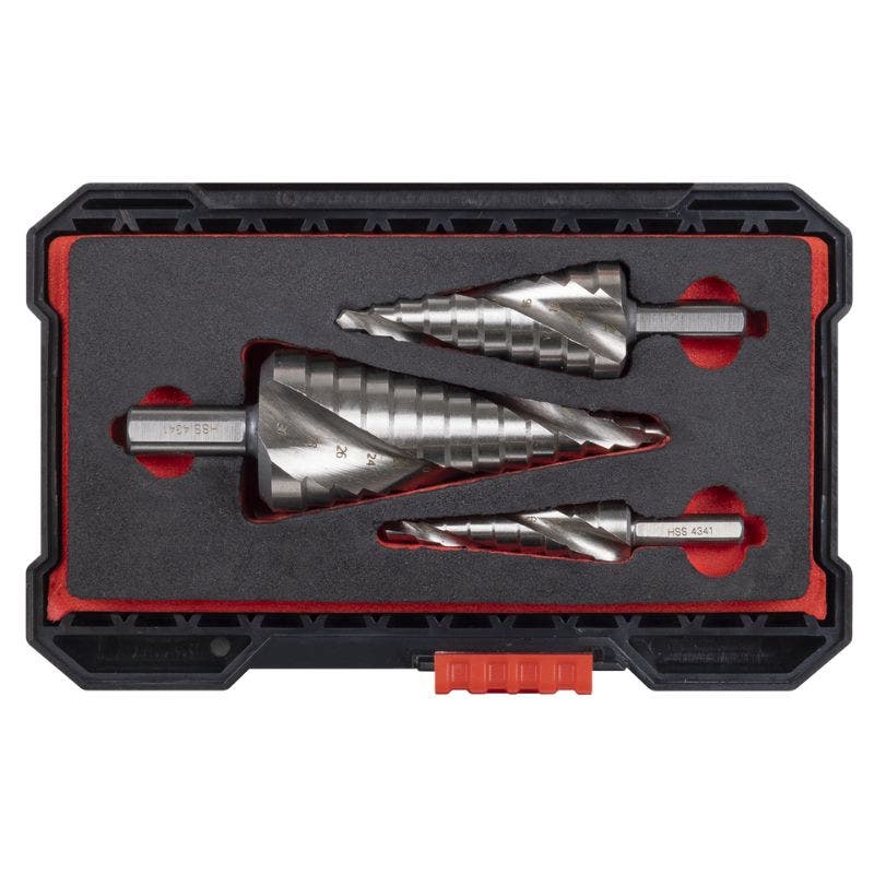 Sealey AK4749 HSS 4341 Step Drill Bit Set 3pc Spiral Flute