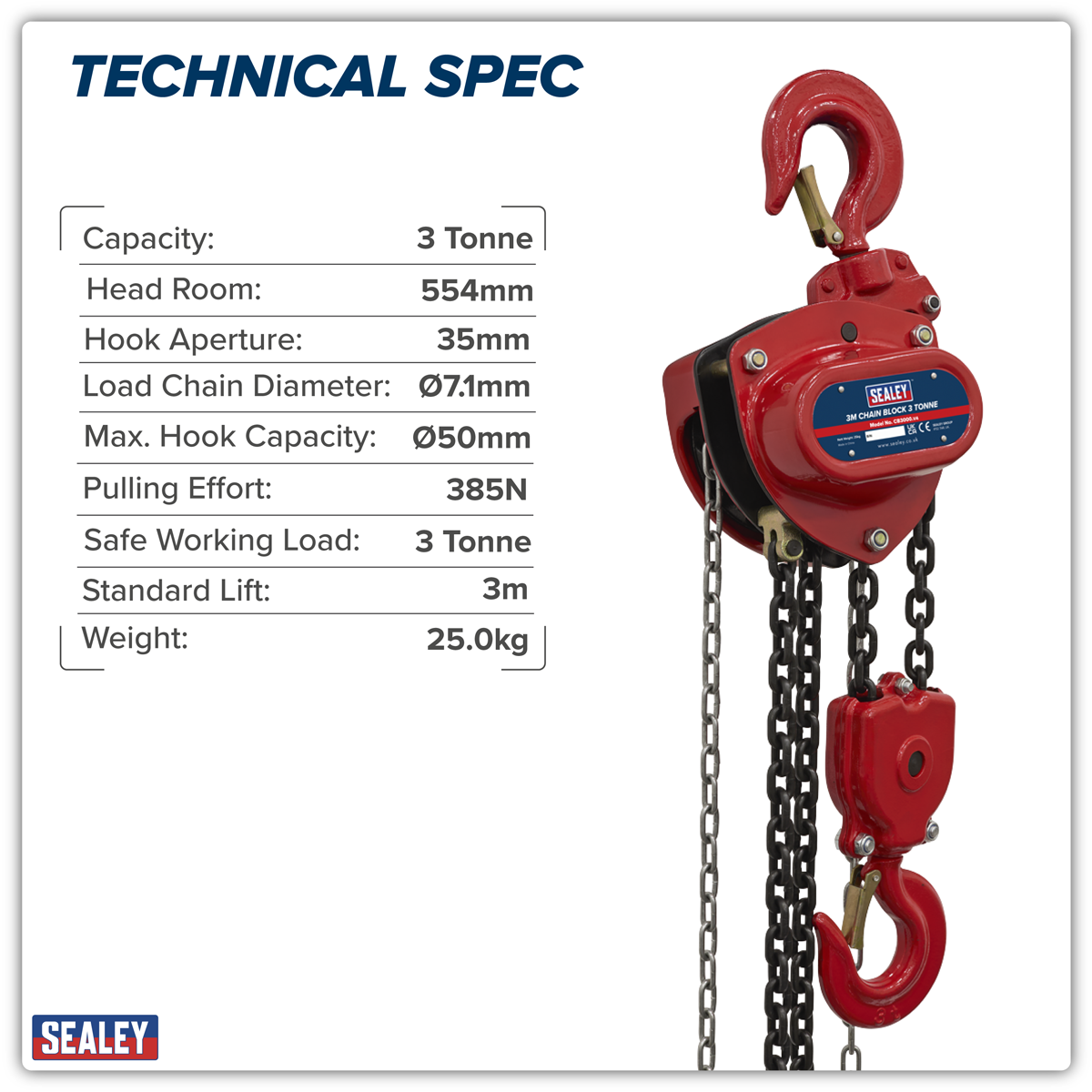 Sealey CB3000 3m Chain Block 3 Tonne