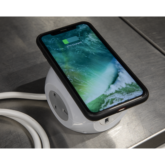 Sealey EL144WC Extension Cable Cube 1.4m 3 x 230V & 3 x USB Sockets & Wireless Charging Pad