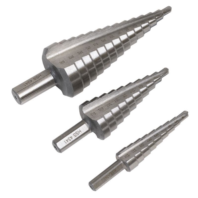 Sealey AK4746 HSS 4341 Step Drill Bit Set 3pc Double Flute