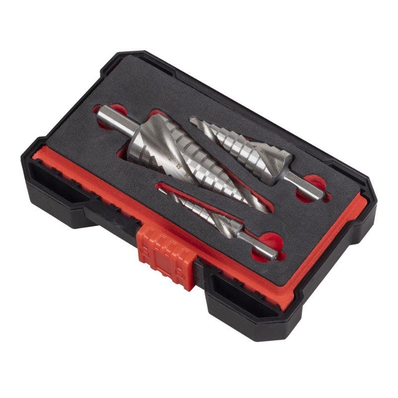 Sealey AK4749 HSS 4341 Step Drill Bit Set 3pc Spiral Flute