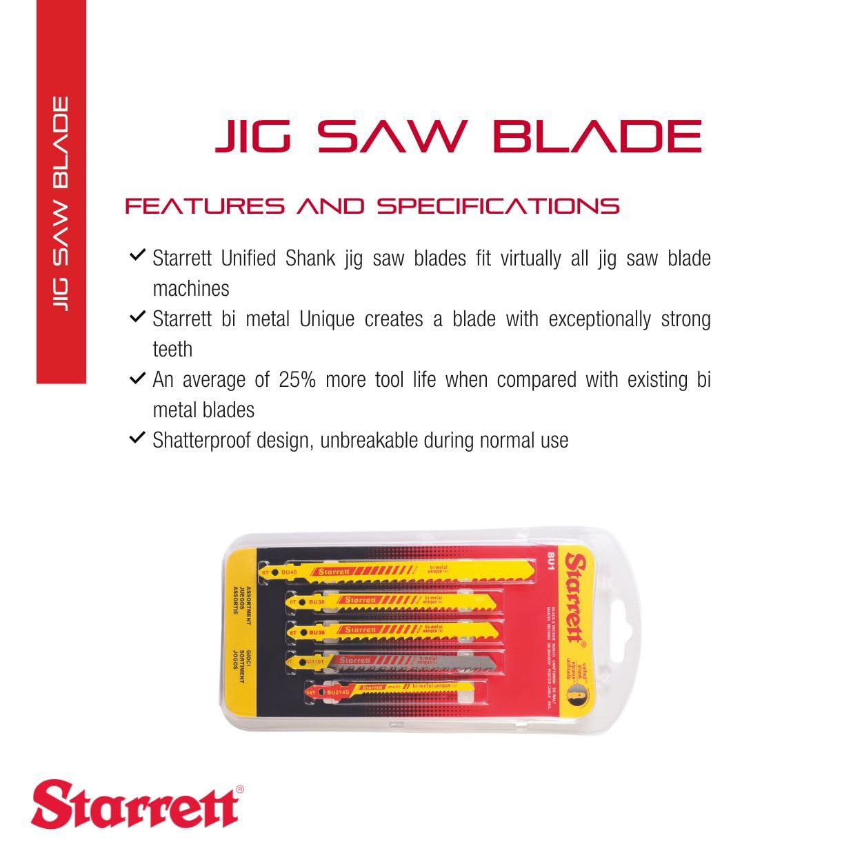 Starrett Assorted Wood Cutting Jigsaw Blade Set BU1 (5Ocs)