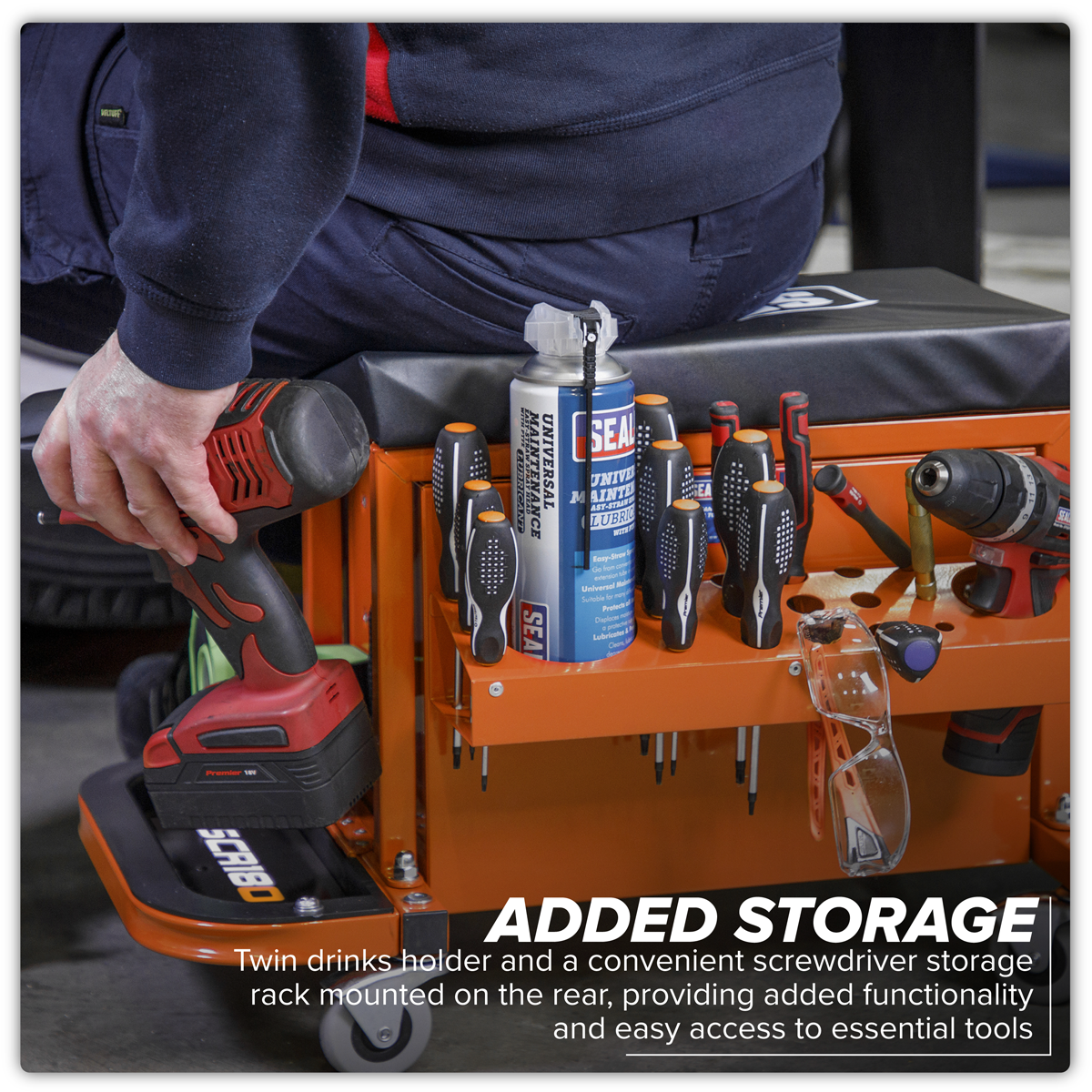 Sealey SCR18O Mechanic's Utility Seat & Toolbox - Orange