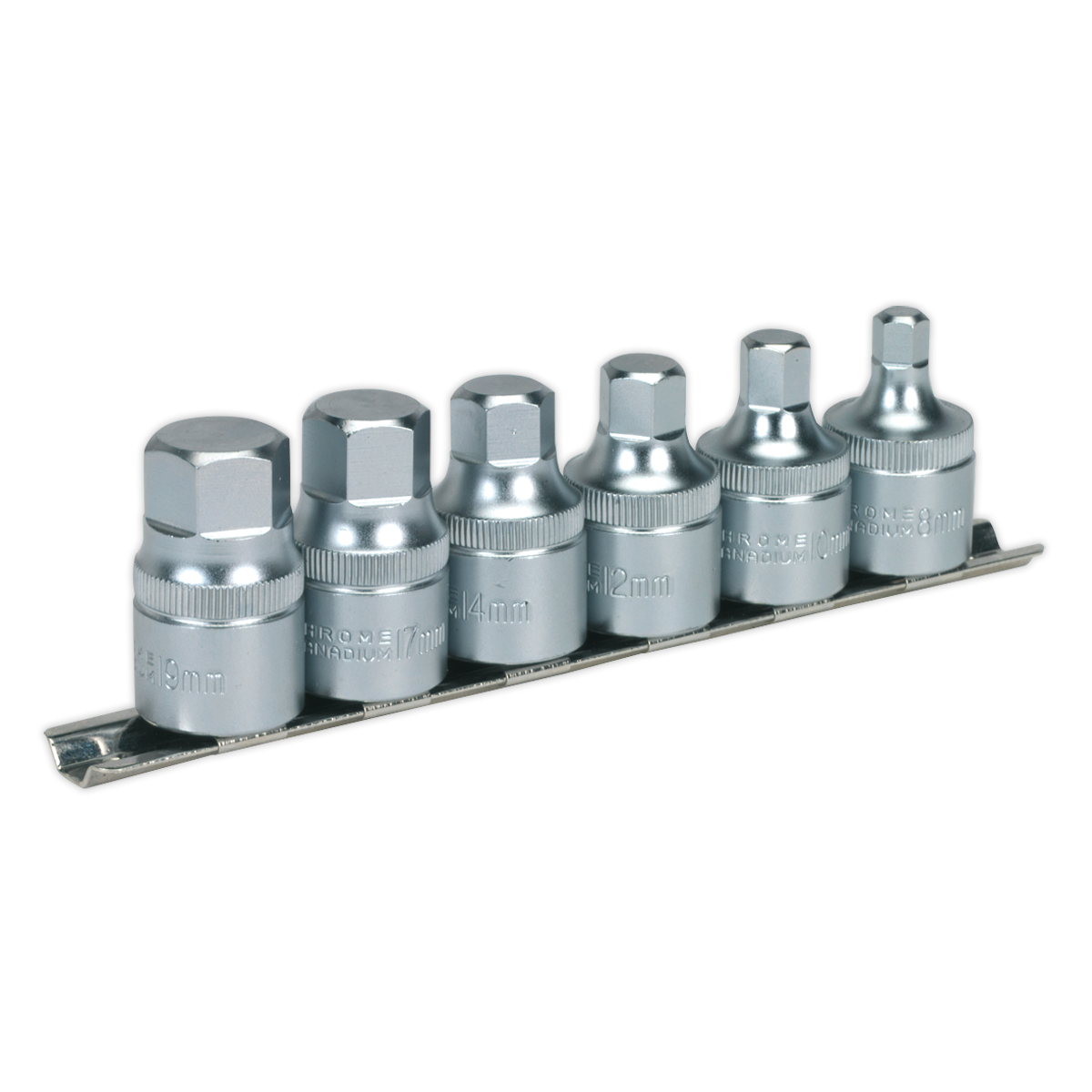 Sealey AK6561 Hex Socket Bit Set with Rail 6pc Stubby 1/2"Sq Drive Metric