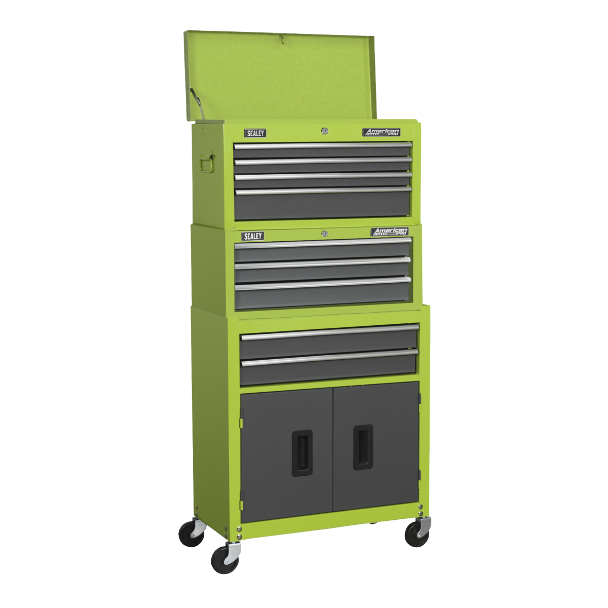 Sealey AP2200BBHVSTACK Topchest, Mid-Box & Rollcab 9 Drawer Stack - Hi-Vis Green