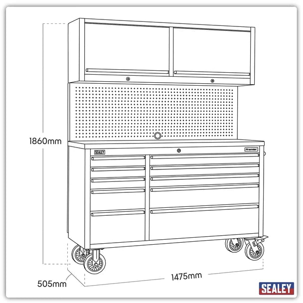 Sealey AP5520SS Mobile Stainless Steel Tool Cabinet 10 Drawer with Backboard & 2 Wall Cupboards