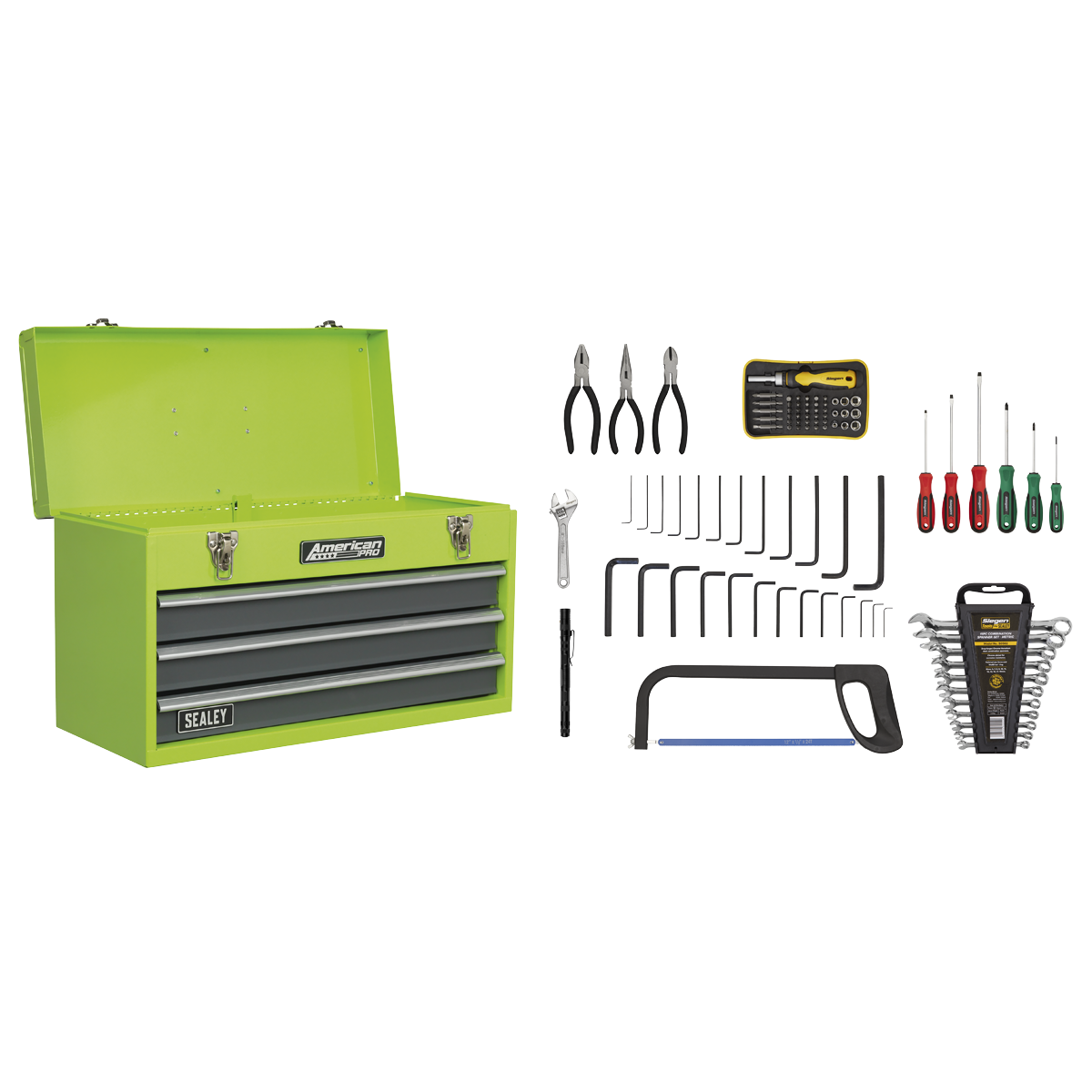 Sealey AP9243BBHVCOM Portable Tool Chest 3 Drawer with Ball Bearing Slides - Hi-Vis & 93pc Tool Kit