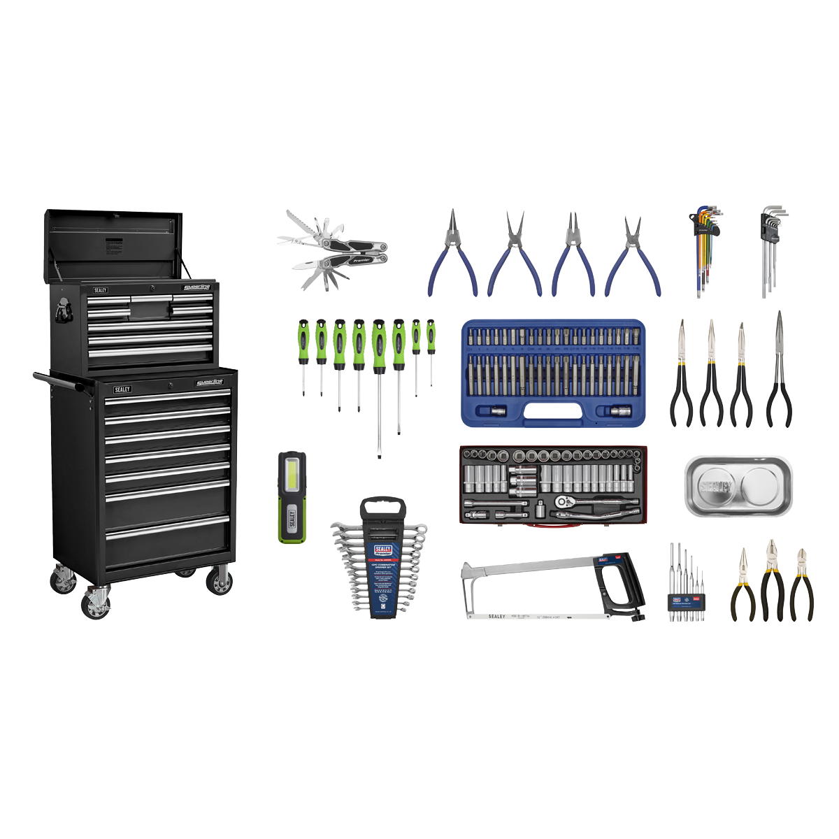 Sealey APCOMBOBBTK58 Topchest & Rollcab Combination 15 Drawer with Ball Bearing Slides - Black & 147pc Tool Kit