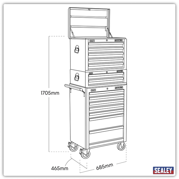 Sealey APSTACKTR Topchest, Mid-Box & Rollcab Combination 14 Drawer with Ball Bearing Slides - Red