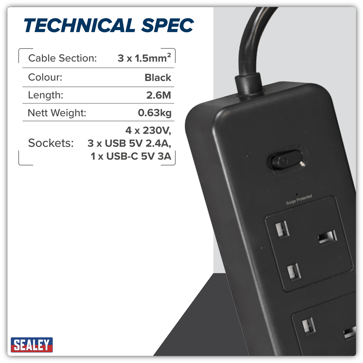 Sealey EL34USBB 2.6m Extension Lead with USB Ports - Black
