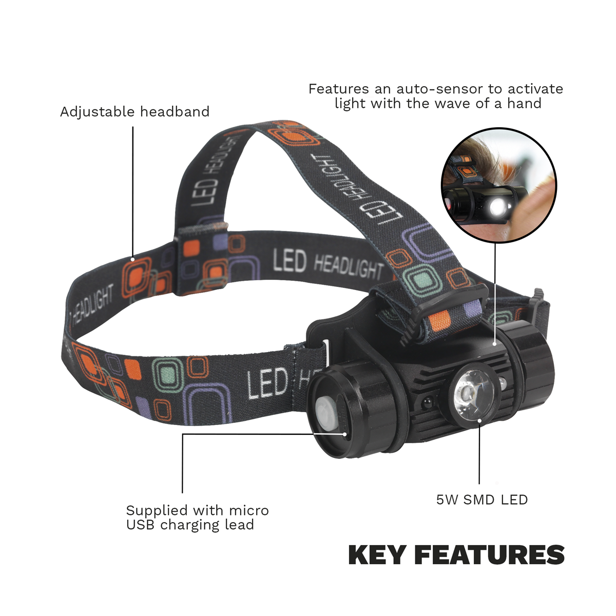 Sealey HT108LED Rechargeable Head Torch 5W CREE* XPG LED Auto-Sensor