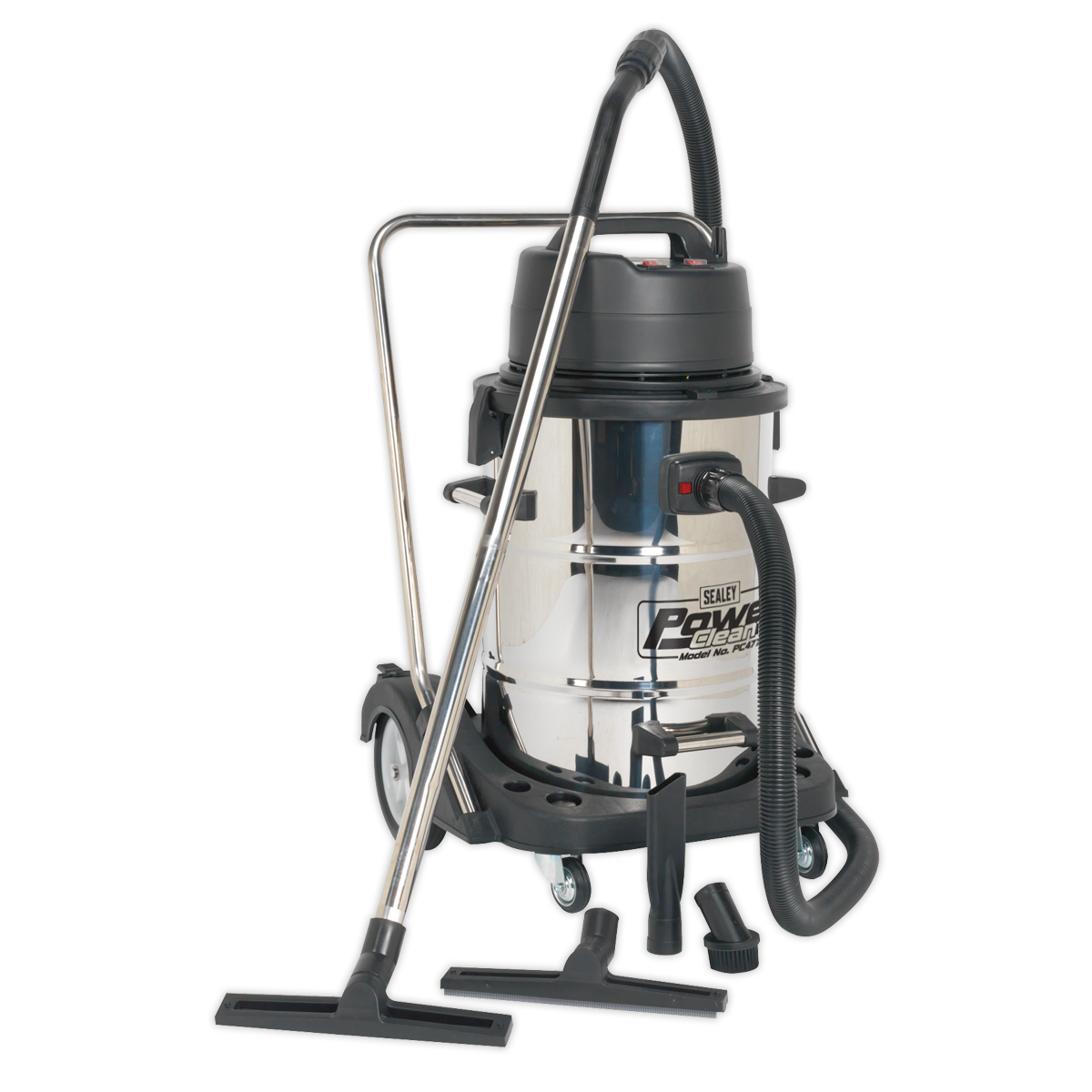 Sealey PC477 Industrial Vacuum Cleaner Wet & Dry Stainless Steel Drum with Swivel Emptying 77L 2400W