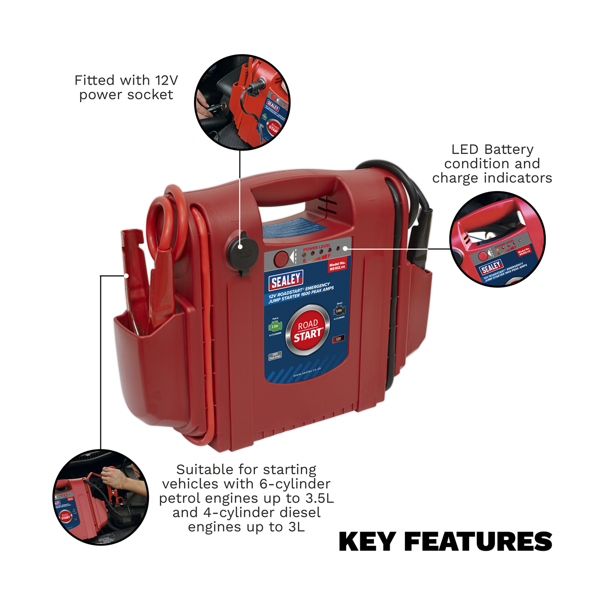Sealey RS102 RoadStart Emergency Jump Starter 12V 1600 Peak Amps