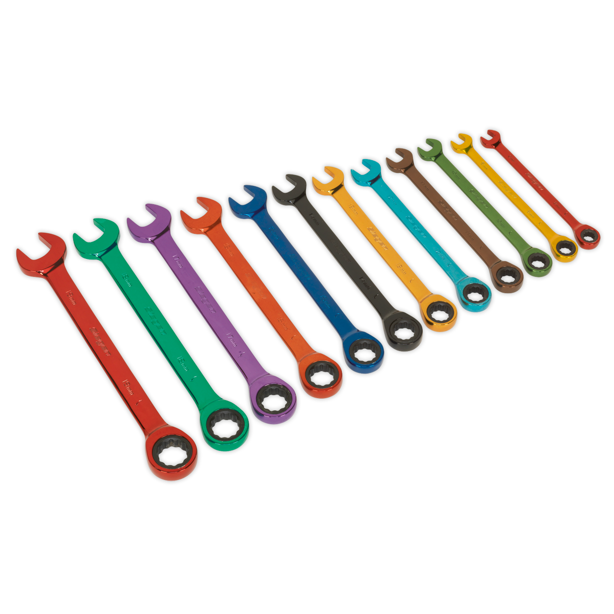 Sealey S01075 Ratchet Combination Spanner Set 12pc Multi-Coloured Metric