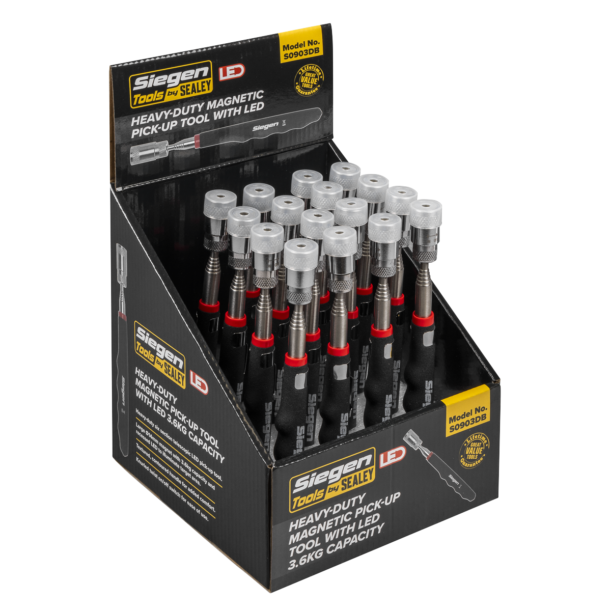 Sealey S0903DB Heavy-Duty Magnetic Pick-Up Tool with LED 3.6kg Capacity Display Box of 16