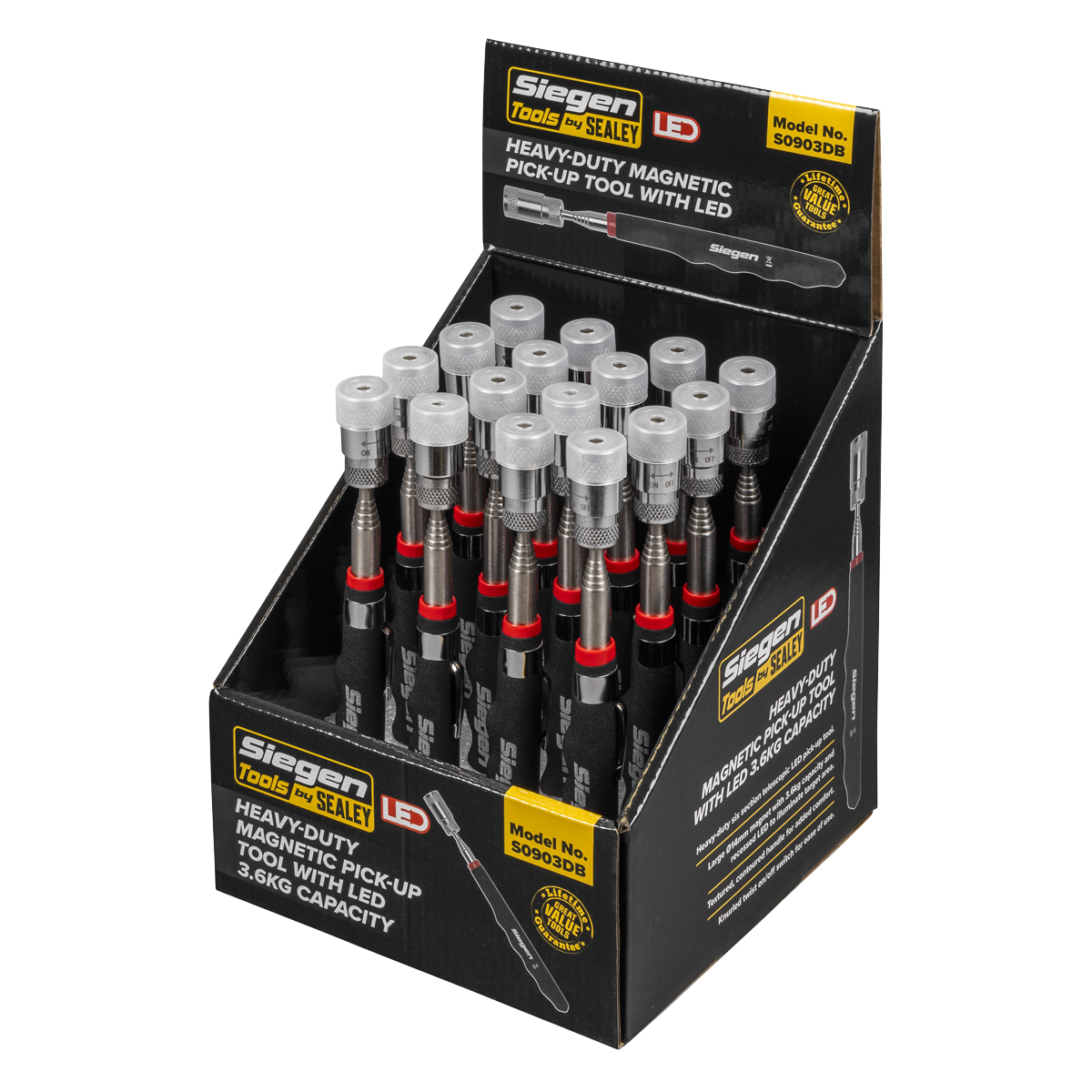 Sealey S0903DB Heavy-Duty Magnetic Pick-Up Tool with LED 3.6kg Capacity Display Box of 16