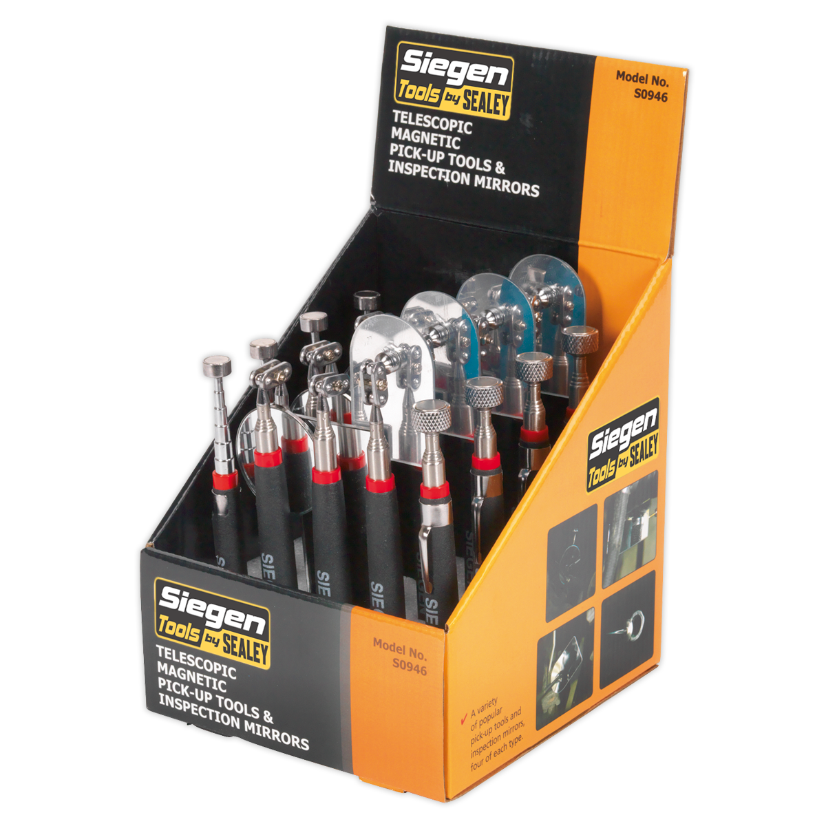 Sealey S0946 Telescopic Magnetic Pick-Up Tools & Inspection Mirrors - Display Box of 20