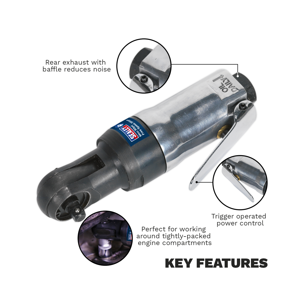 Sealey SA230 Air Ratchet Wrench 1/4"Sq Drive Super Stubby