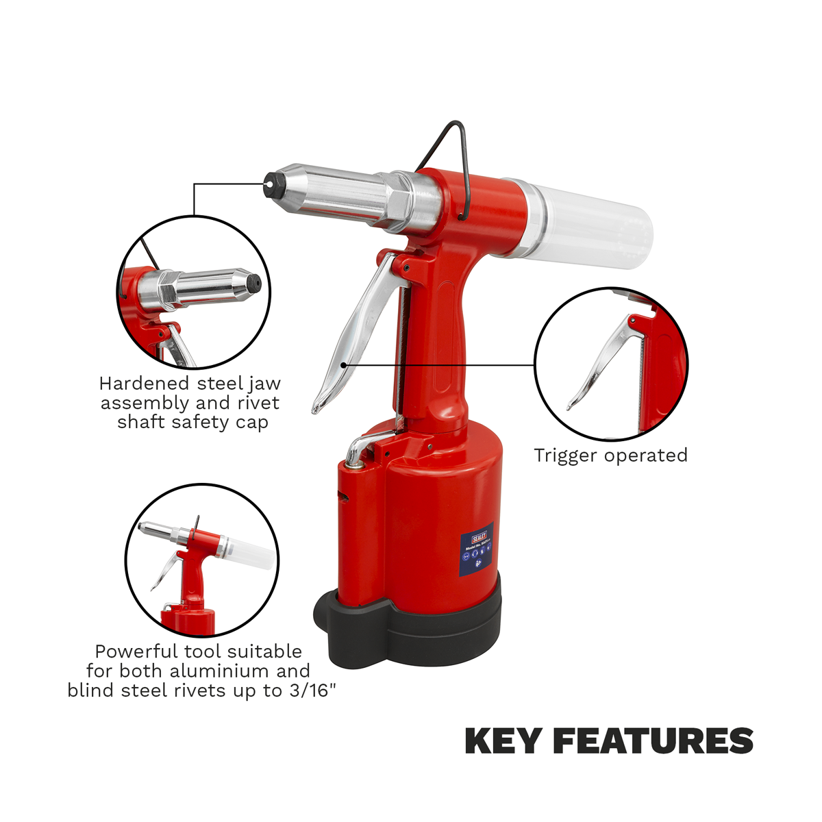 Sealey SA31 Air/Hydraulic Riveter 3/16" Steel Aluminium & Stainless Steel Rivets