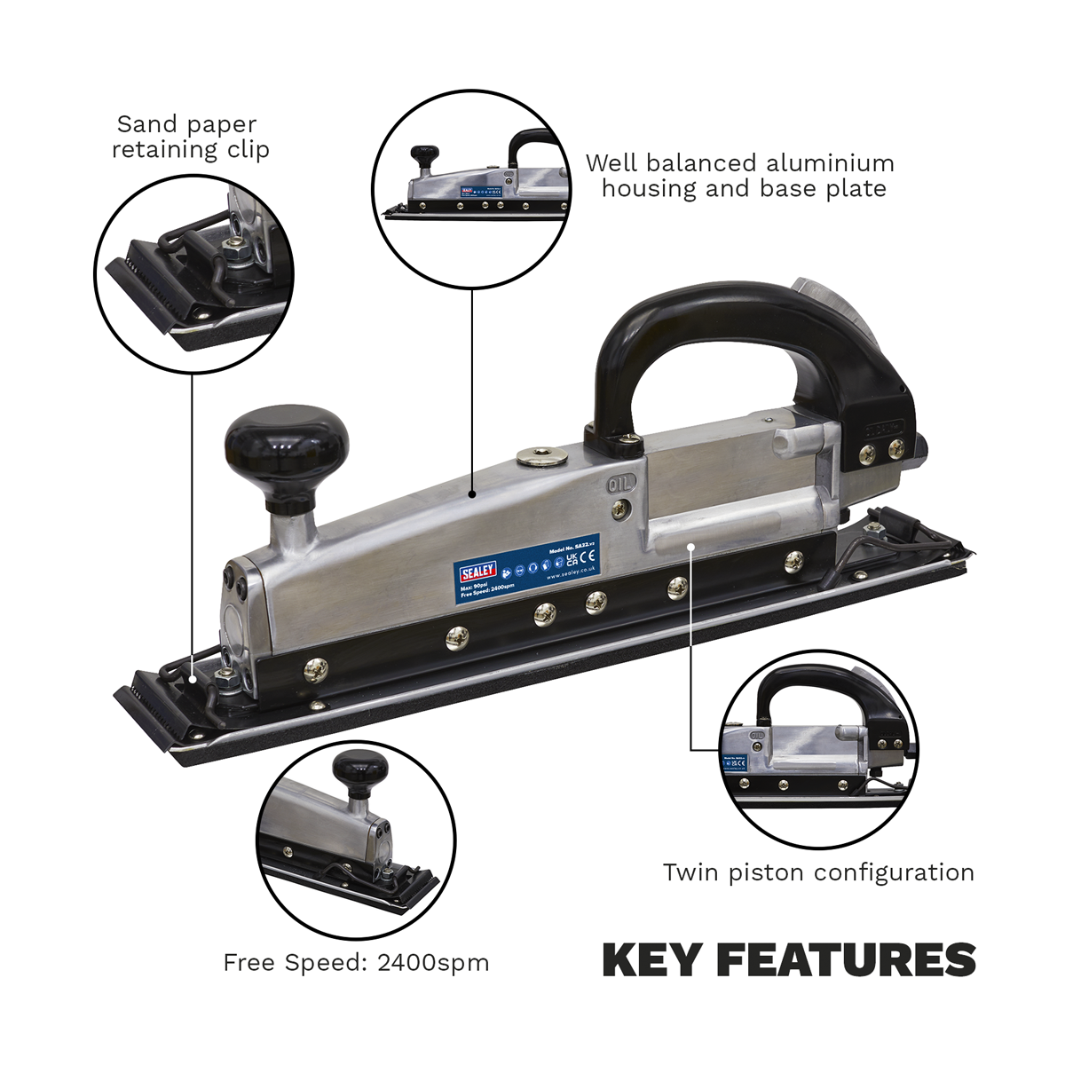 Sealey SA32 Air Long Bed Sander 400 x 70mm Twin Piston In-line