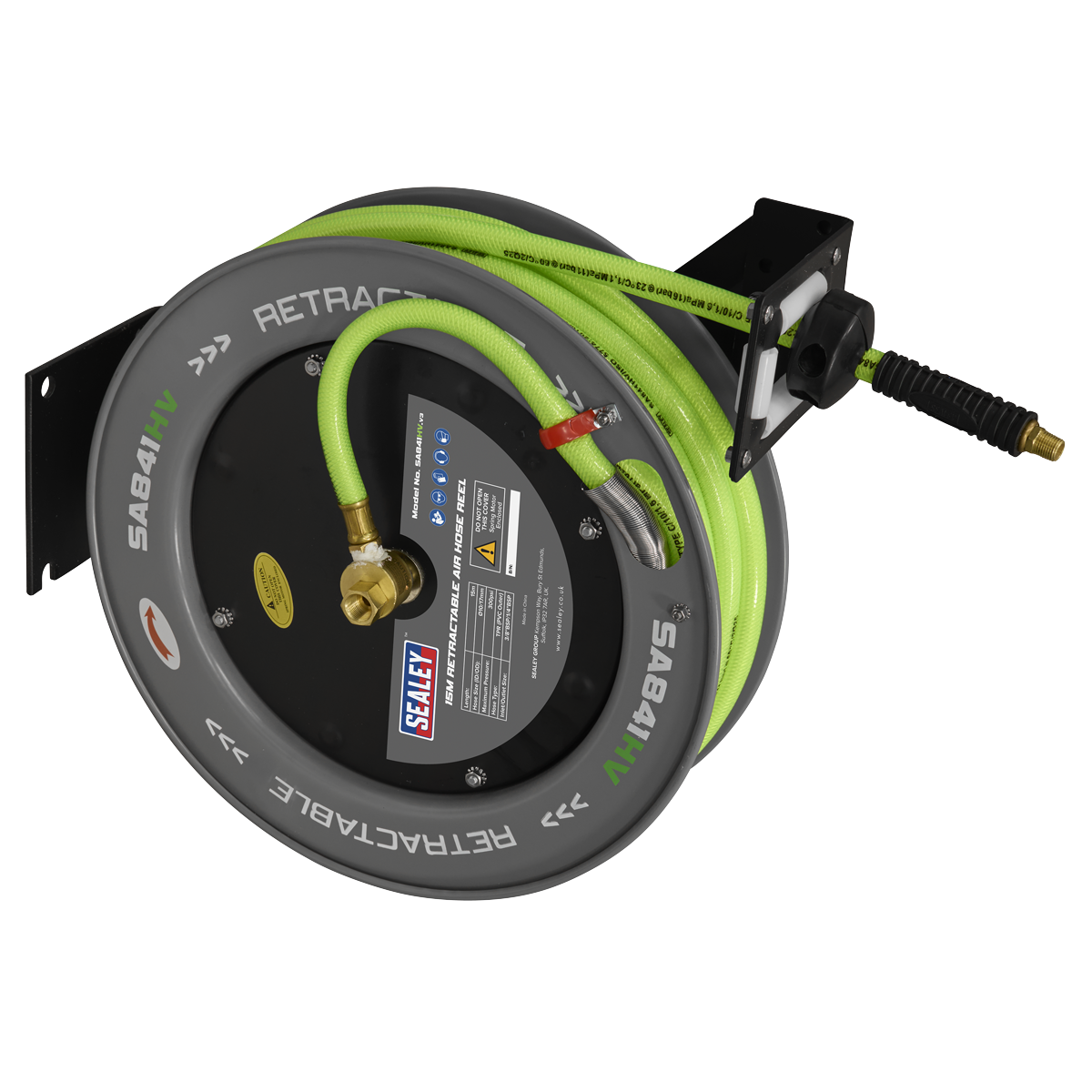 Sealey SA841HV 15m Retractable High-Visibility TPR Air Hose with Metal Reel 10mm ID