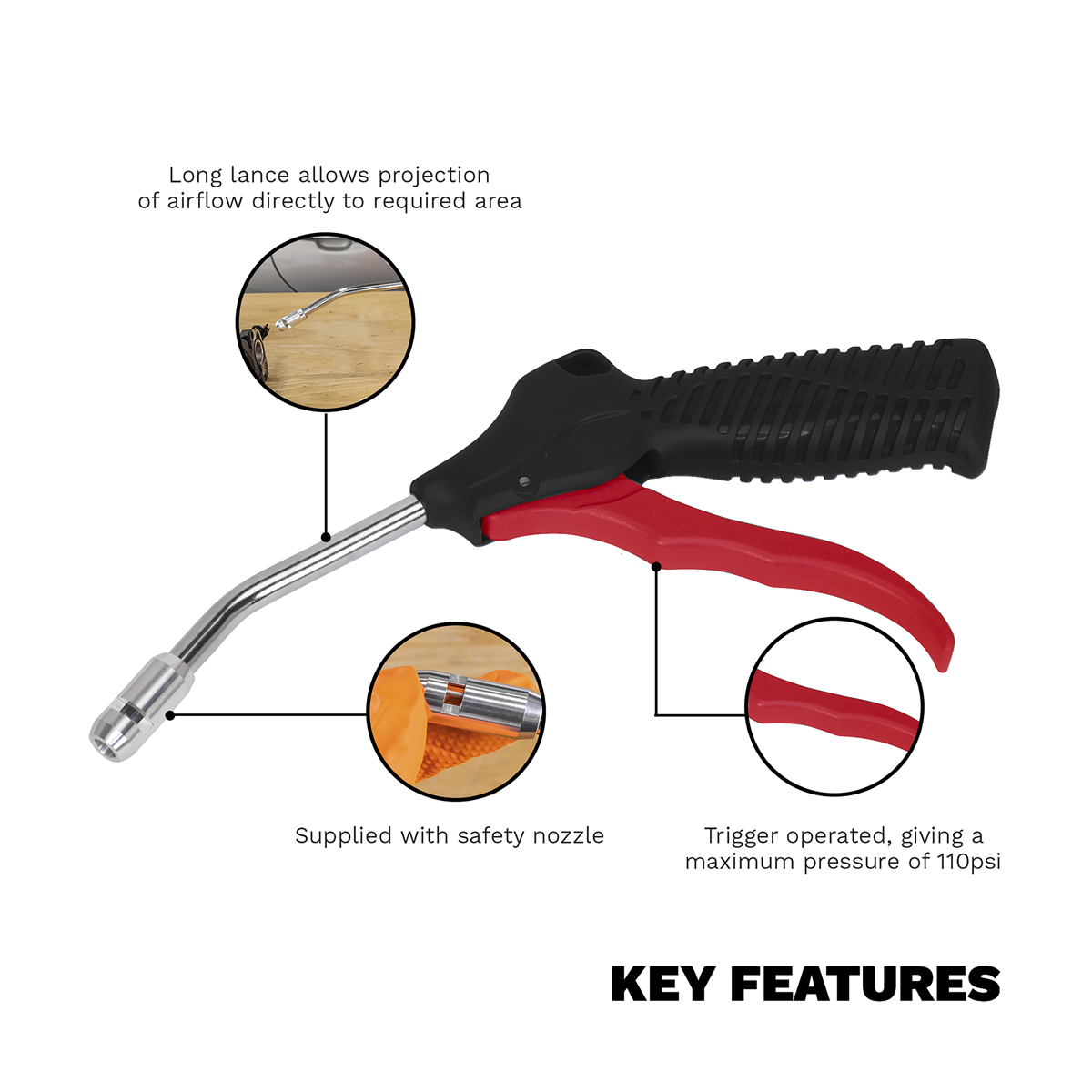 Sealey SA9131 Air Blow Gun 100mm with 1/4"BSP Air Inlet and Safety Nozzle