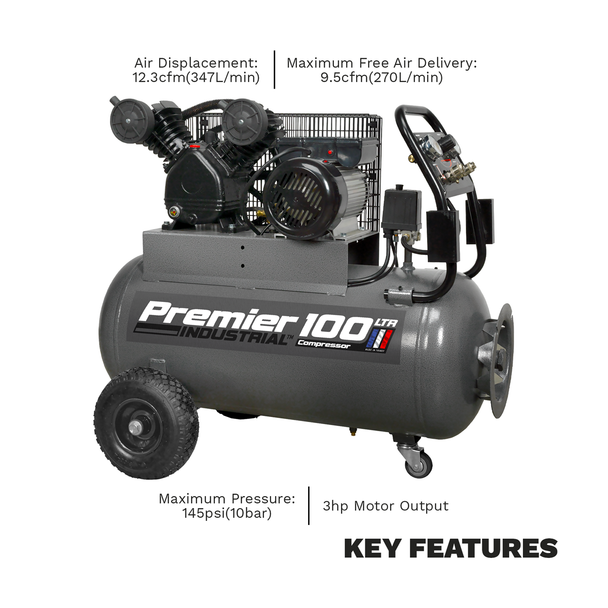 Sealey SAC3103B Premier 100L Belt Drive Air Compressor with Front Control Panel 3hp