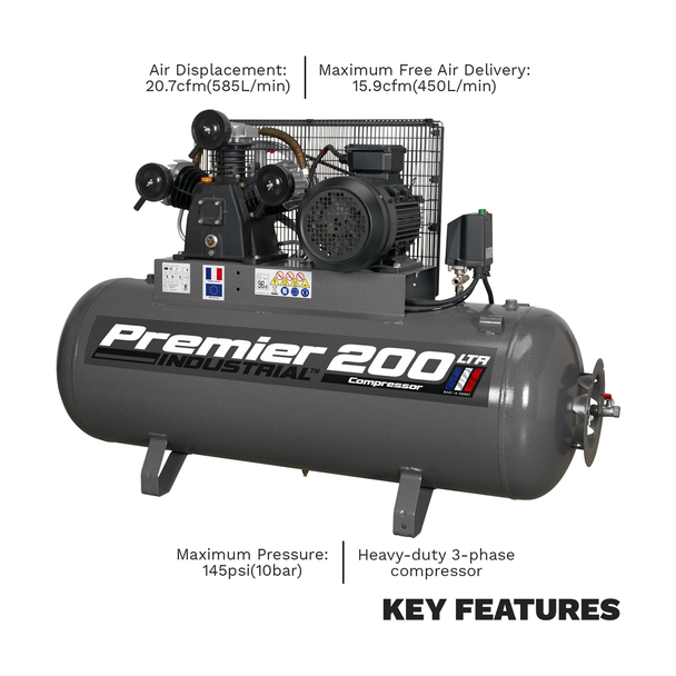 Sealey SAC32055B Air Compressor 200L Belt Drive 5.5hp 3ph