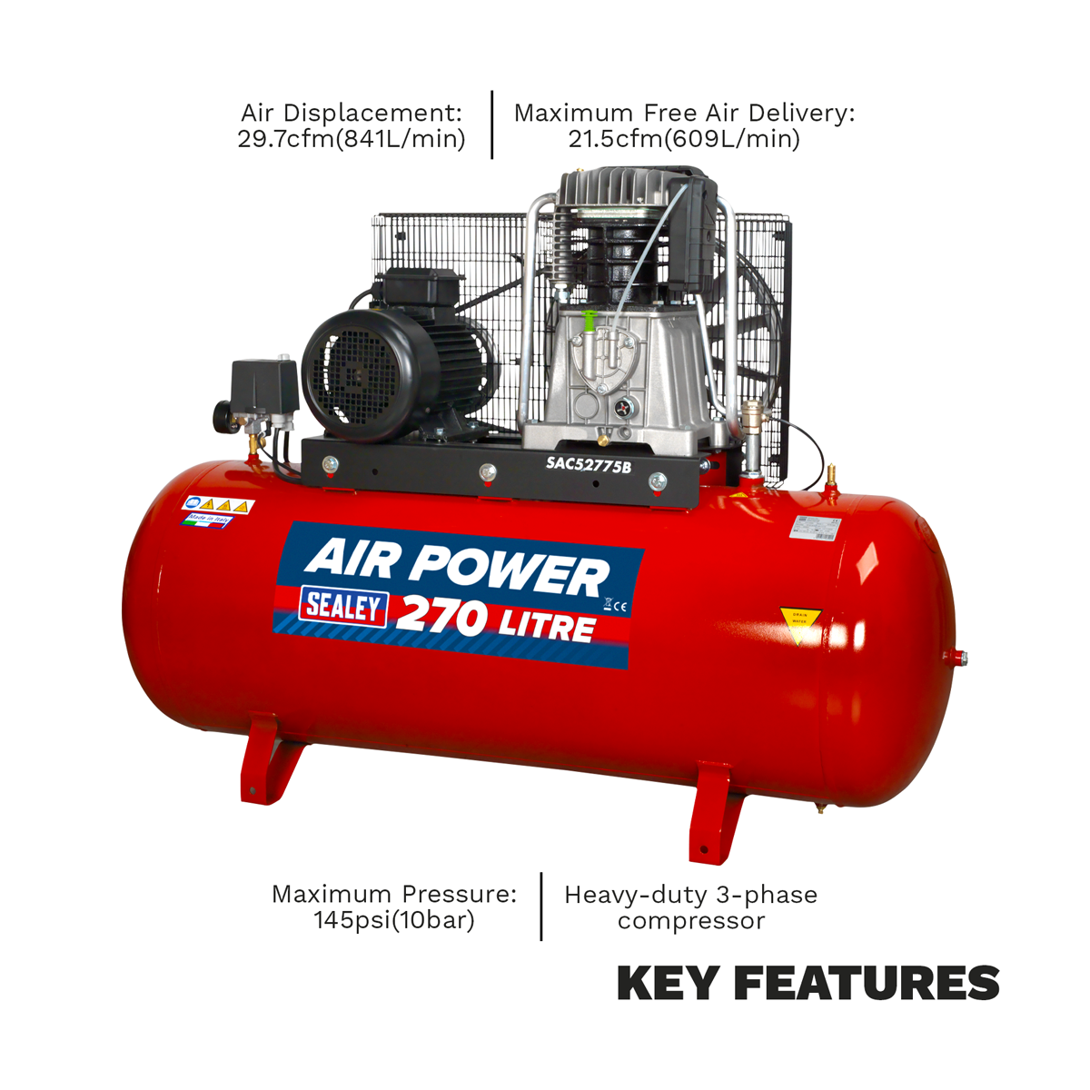 Sealey SAC52775B Air Compressor 270L Belt Drive 7.5hp 3ph 2-Stage with Cast Cylinders