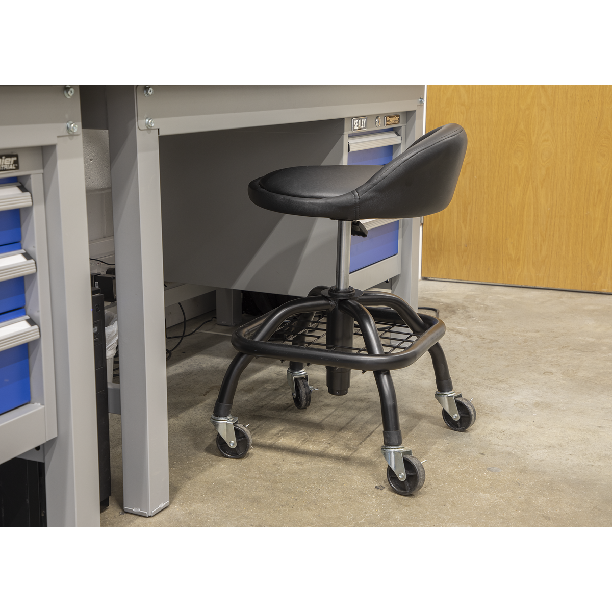 Sealey SCR02B Creeper Stool Pneumatic with Adjustable Height Swivel Seat & Back Rest
