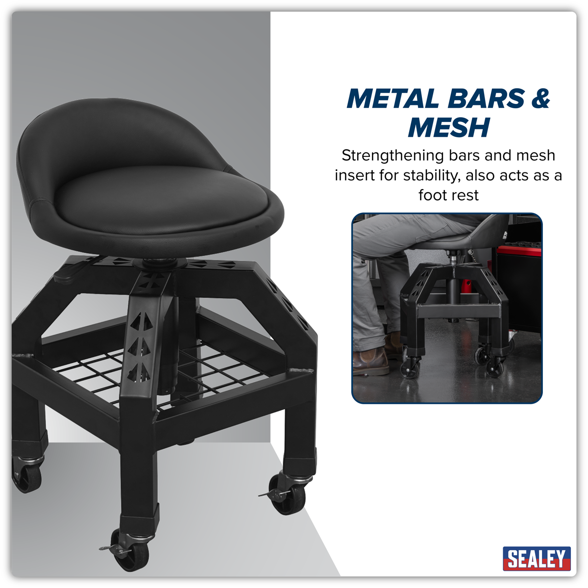 Sealey SCR03B Creeper Stool Pneumatic with Adjustable Height Swivel Seat & Back Rest