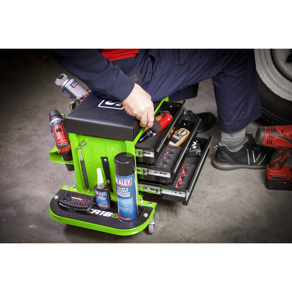 Sealey SCR18G Mechanic's Utility Seat & Toolbox - Hi-Vis Green