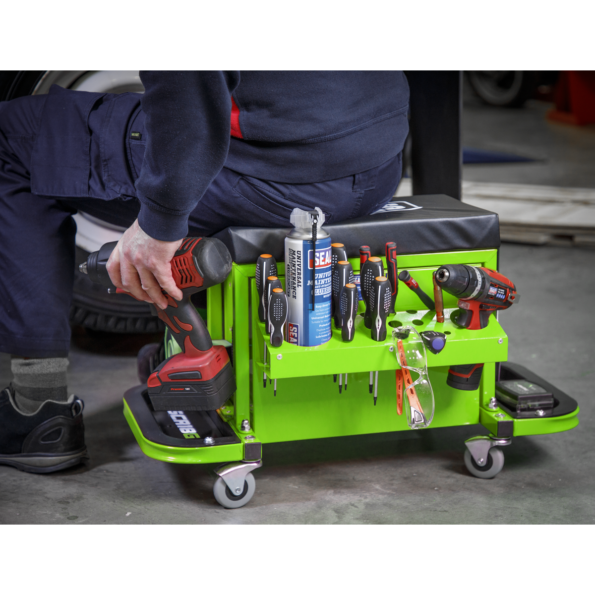 Sealey SCR18G Mechanic's Utility Seat & Toolbox - Hi-Vis Green
