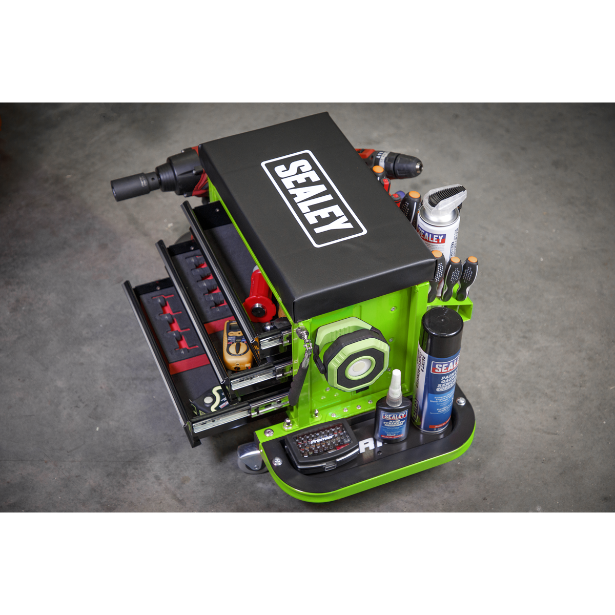 Sealey SCR18G Mechanic's Utility Seat & Toolbox - Hi-Vis Green