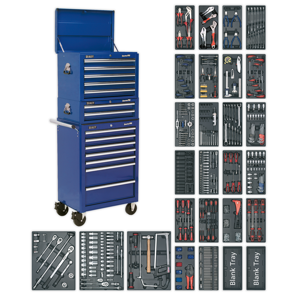 Sealey SPTCCOMBO1 Tool Chest Combination 14 Drawer with Ball Bearing Slides - Blue & 1179pc Tool Kit