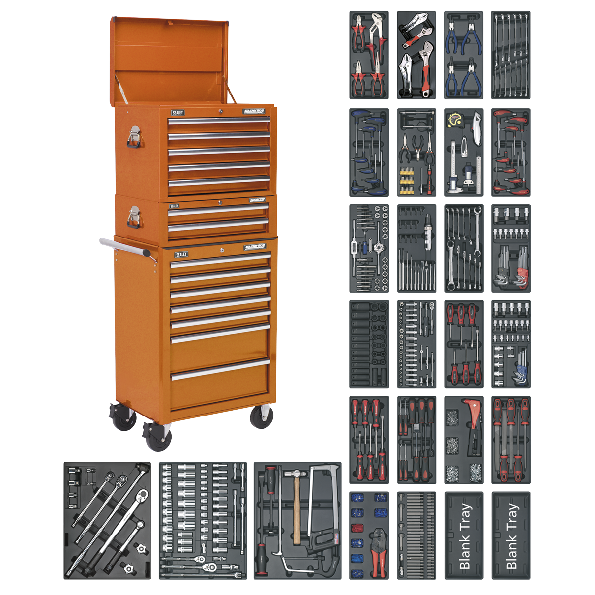 Sealey SPTOCOMBO1 Tool Chest Combination 14 Drawer with Ball Bearing Slides - Orange & 1179pc Tool Kit
