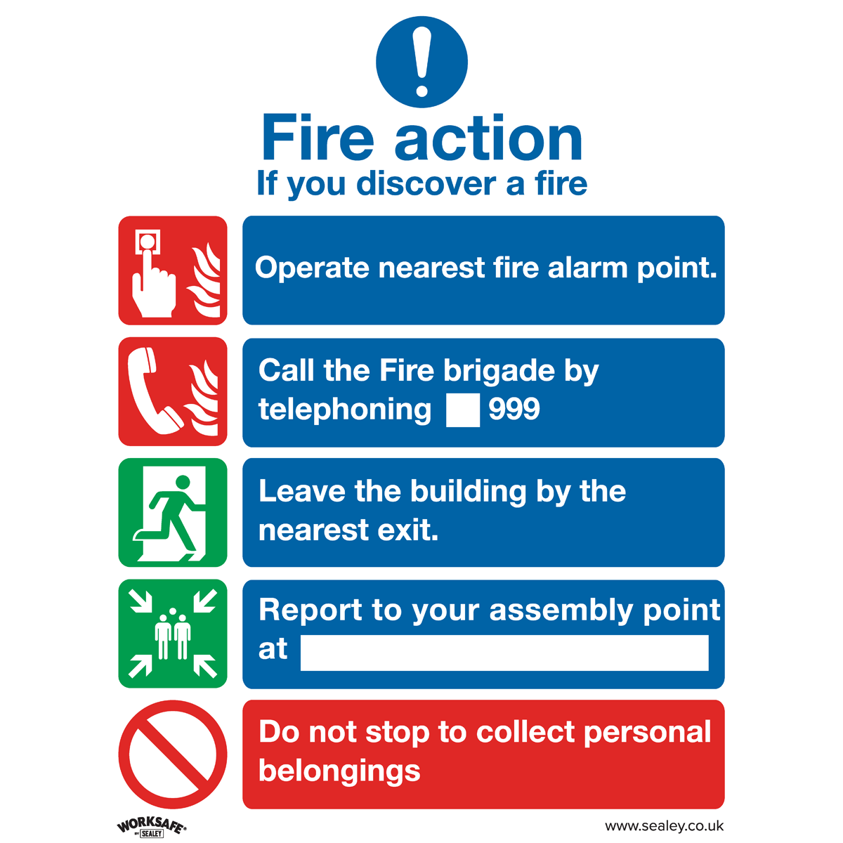 Sealey SS20P1 Safe Conditions Safety Sign - Fire Action Without Lift - Rigid Plastic